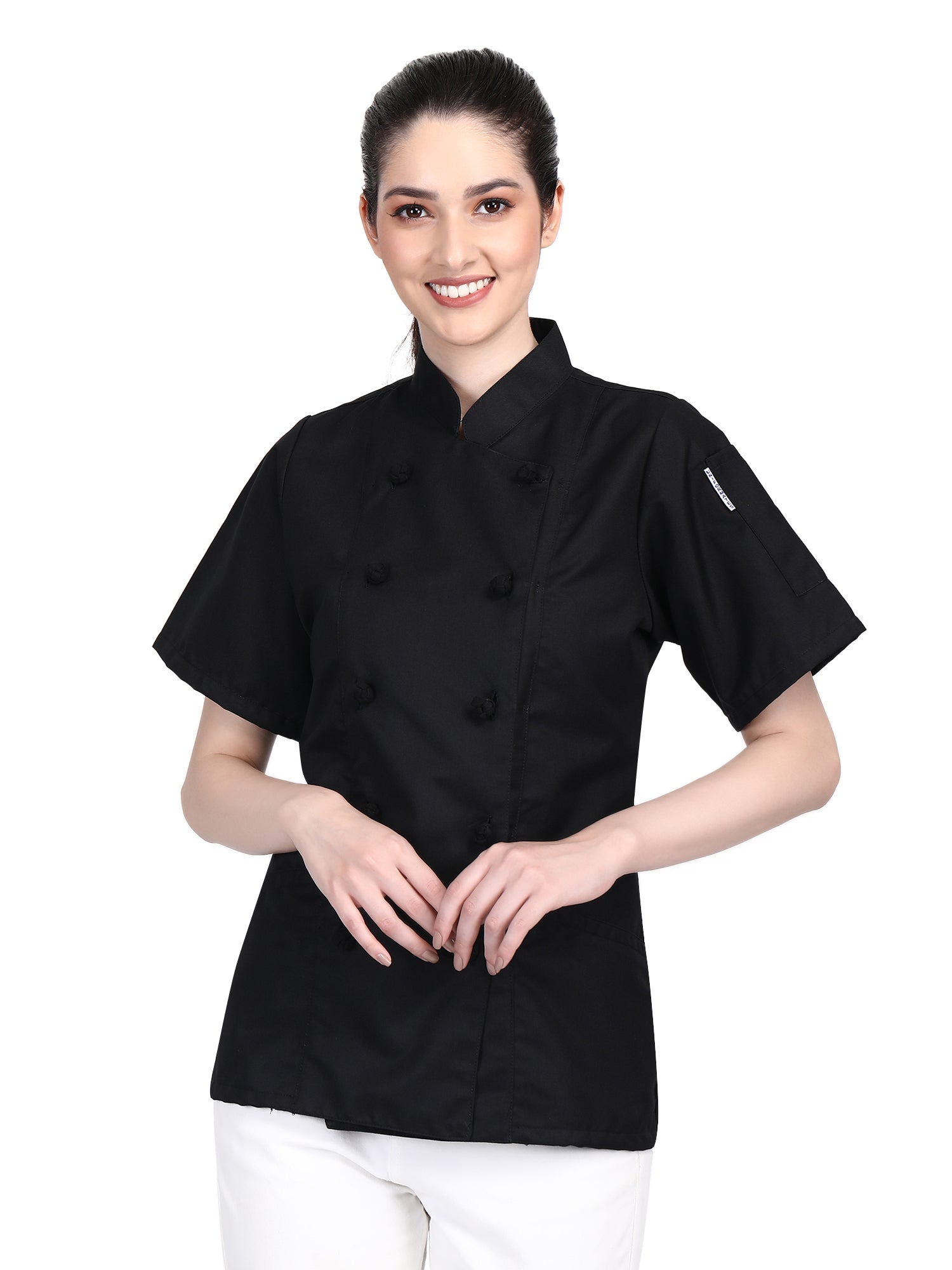 Short Sleeves Knotted Cloth Buttons Women Chef Coat Jacket Uniform ideal for food service, Caterers and Culinary professional – Black